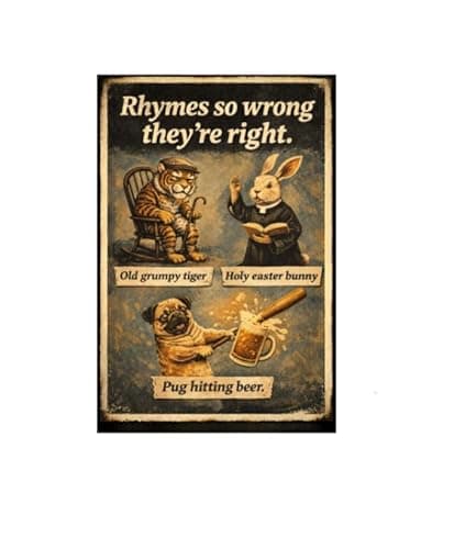 Rhymes So Wrong They're Right Metal Tin Sign, 8x12 Inch Vintage Retro Art, Funny Animal Quote Sign, Old Grumpy Tiger, Holy Easter Bunny, Pug Hitting Beer, Pre-drilled for Easy Hanging - Image 1