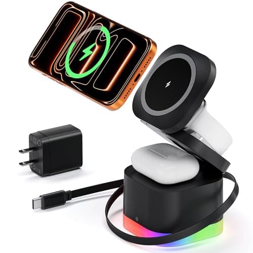 5 in 1 Magnetic Wireless Charger Stand with Night Light, Foldable Wireless Charging Station Built-in Retractable Cable, Fast Wireless Charger for iPhone 17/16/15/14/13/12, Apple Watch, AirPods Pro 3 - Image 1