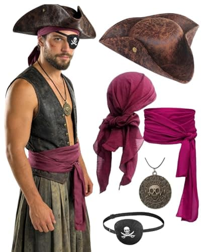 Verceco Pirate Hat Accessories Costume Set – Tricorn Hat, Sash Belt, Bandana, Eyepatch & Coin Necklace – 5PC Adult Pirate Accessories for Halloween & Ren Faire (Brown) - Image 1