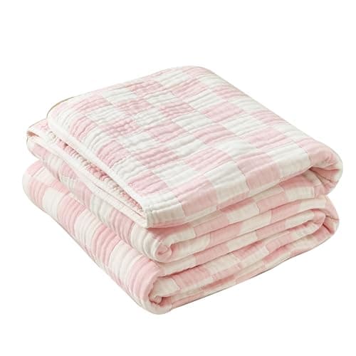SANACYNA 100% Cotton Muslin Throw Blanket 6-Layer Gauze Pink Checkered Bed Blanket Lightweight Soft Breathable Cooling Blanket for Sofa Couch Both Sides (Pink Checkerboard, Throw 50"x60") - Image 1
