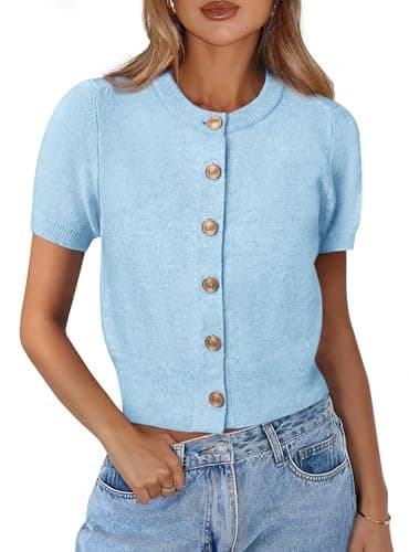 PRETTYGARDEN Womens Casual Summer Short Sleeve Cardigans 2026 Button Down Knitted Sweater Basic Crew Neck Crop Tops (Light Blue,Small) - Image 1