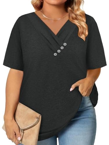 Summer Boho Plus Size Tops Easter Outfit Women Trendy Clothes Fashion Clothing Oversized Tshirts Sweatshirt Button Down Shirts Blouses Dressy Casual Business Outfits Beach Cruise Essentials Black 3XL - Image 1