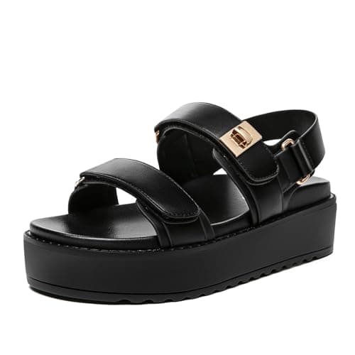 Rihero Black Platform Sandals Women Dressy Open Toe Leather Footbed Sandals Adjustable Buckle Beach Casual Flat Sandals Size 8 - Image 1