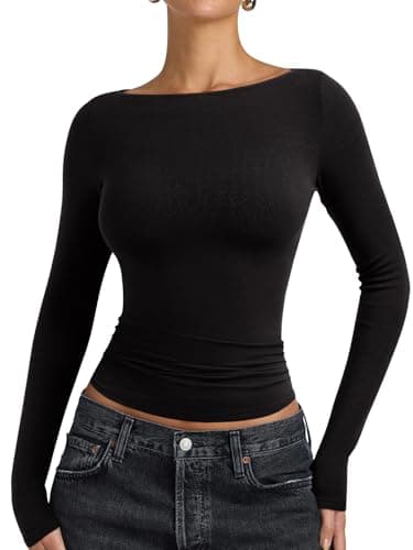 PINKMSTYLE Womens Boat Neck Long Sleeve Top Basic Going Out Shirt Fall Clothes Trendy 2026 Black Small - Image 1