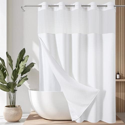 VANZAVANZU Hookless Shower Curtain with Mesh Top and Snap in Waterproof Liner, Waffle Weave, Weighted Magnets Hem, Machine Washable, 72 x 75 Inches – (White) - Image 1