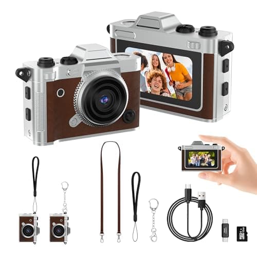 Dienspeak Tiny Digital Camera, Vintage Mini Keychain Camera for Teens & Beginners, Premium Leather Portable Small Camcorder with 16GB Card, 2K HD Video Recorder for Travel and Vlogging, Brown - Image 1
