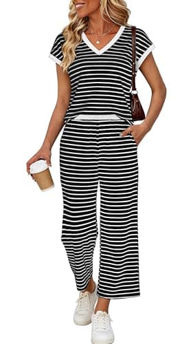 Sampeel Matching Sets Women Clothing Vacation Outfits Pajama Sets for Women 2 Piece Airport Outfits V Neck Cap Sleeve Tops Wide Leg Pants Woman Color Block Black White Stripe L - Image 1