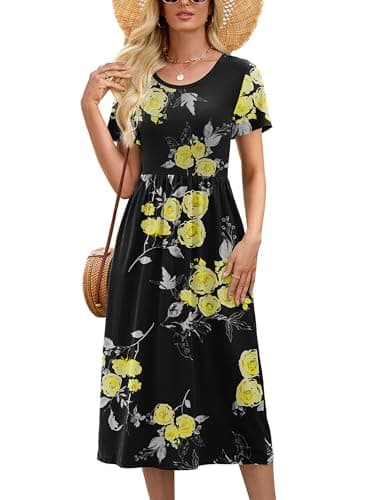 Heymoments Ladies Dresses Floral Print Large Wedding Guest Crewneck Short Sleeves A line Casual Flowy Swing Cocktail Slimming Birthday Party Summer Travel Long Midi Dresses with Pocket - Image 1