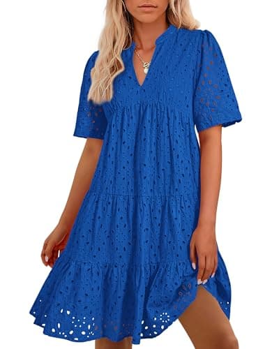 BTFBM Womens Boho Summer Dresses 2026 Spring V Neck Short Sleeve Hollow Out Lace Ruffle Casual Beach Mini Vacation Dress(Royal Blue, Small) - Image 1