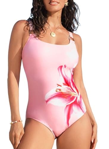 Herseas Women's Metal Ring Wide Straps Pink One Piece Swimsuit Floral Print Tummy Control Bathing Suit High Waisted Classic Swim Outfits Teen Girls Summer X-Large - Image 1