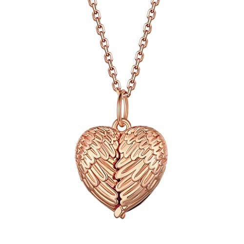 Bestyle Silver Heart Shape Angel Wing Lockets for Women That Hold Picture, Rose Gold Plated Memorial Message Photo Lockets Heart Pendant, Love Heart Jewelry for Birthday Anniversary - Image 1