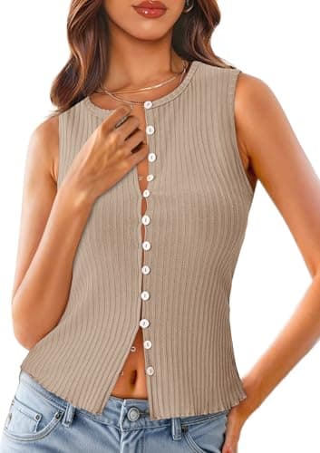 Tankaneo Womens Button Down Cropped Going Out Tank Tops Spring Summer Ribbed Vest Top Slim Fit Sexy Y2K Cute Shirts Light Khaki - Image 1