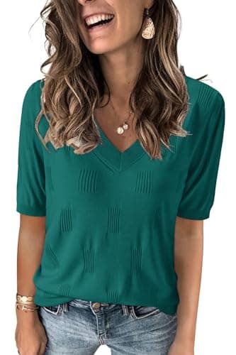 Arach&Cloz Women's Summer Fall Tops 2025 Short Sleeve Plus Size Sweaters V Neck Trendy Fashion Knit Clothes Dressy Cute Casual Outfits Business Work Blouse Green M - Image 1