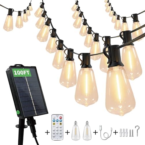 CRLIVOING Solar String Lights Outdoor Waterproof, 100FT Solar Powered Outdoor Lights with Remote, 52 Shatterproof with Edison Bulbs, LED String SolarLights for Garden, Backyard, Parties - Image 1