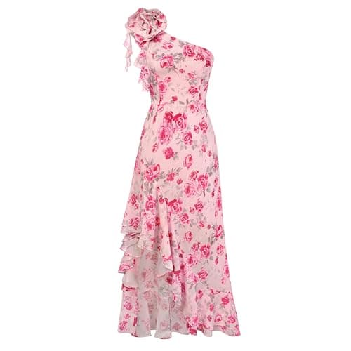 GRACE KARIN Womens Summer One Shoulder Sleeveless Dresses Floral Flowy Ruffle High Low Wedding Guest Maxi Sundresses Pink red 6 - Image 1