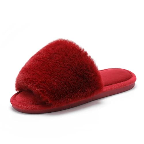 Parlovable Women's Faux Fur Slippers – Fluffy Open-Toe Memory Foam Slides with Anti-Slip Sole, Indoor & Outdoor House Shoes Burgundy 7-8 - Image 1