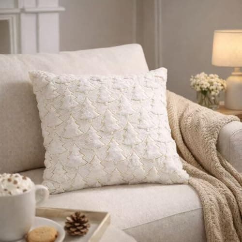 Psythuor Textured Decorative Pillow Covers, 2 Pack 20x20 Inch White Minimal Nordic Tree Pattern Cushion Covers, Soft Plush Fabric with Zipper for Sofa Couch Bed Home Decor - Image 1