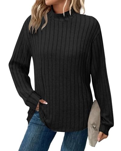 WNEEDU Fall Womens Black Mock Turtleneck Shirts Long Sleeve Tunic Tops - Formal Dressy Outfit for Funeral Work(Black,L) - Image 1
