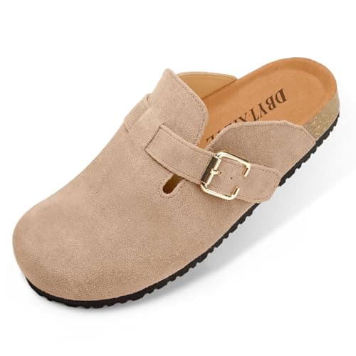 Women's Genuine Suede Clogs with Good Traction, Arch Support, Perfect for Wide Feet & Wearing Without Socks Outdoors Taupe - Image 1