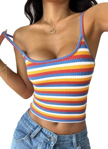 PRETTYGARDEN Women Summer Crop Tops Sleeveless Spaghetti Strap Tank Striped Cami Knit Y2K Clothes Slim Fit Spring Shirts(Multicolour,Large) - Image 1
