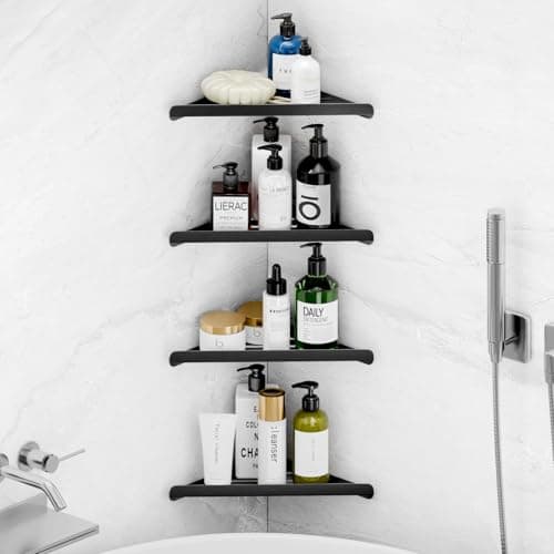 Fikoksol Shower Caddy, 4 Pack Bathroom Corner Shelf, Triangle Shelf Storage for Bathroom Shower, Black Metal Shower Shelf & Rustproof Wall Mounted Adheisve Shower Organizer Accessories and Essentials - Image 1