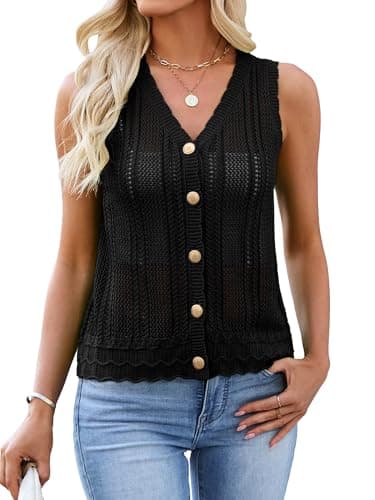 Bellcoco Womens Crochet V Neck Sweater Vest Hollow Out Summer Sleeveless Tops Knit Spring Cardigans Button Down Tank Top Black L - Image 1
