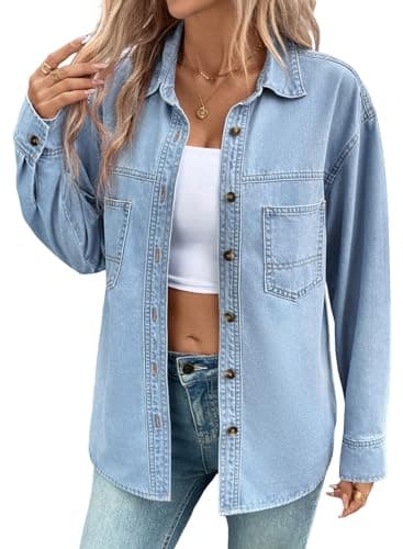 Sidefeel Women Denim Shirts Long Sleeve Button Down Blouse V Neck Trendy Jean Jackts Sky Blue Medium - Image 1