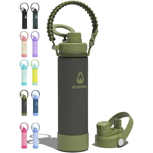 avodvo 20 oz Insulated Water Bottle with 2 Lids (2-in-1 Straw & Spout Lid, Magnetic Lid), Slim Water Bottle with Strap, Stainless Steel Water Bottle for School, PA-Free, Army Green - Image 1