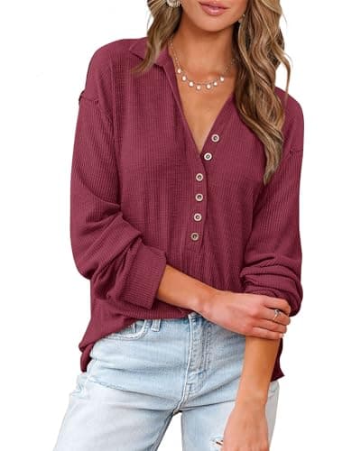 BTFBM Women Casual Button Down Fall Blouses 2025 Long Sleeve Solid Business Work Tops Cute Relaxed Fit Shirts(Solid Wine Red, Small) - Image 1