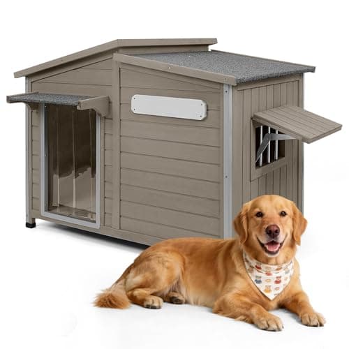 Outdoor Dog House Waterproof for Small to Medium Dogs Breeds with Openable Asphalt Roof, Anti-Chewing Iron Frame, Window, Weatherproof Indoor Outside (43.5" LX 29.5" WX 33.5" H) - Image 1