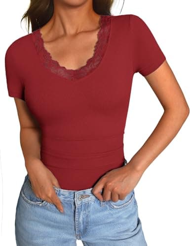 GKBK Ribbed Short Sleeve Tops for Women V Neck Lace Tops Going Out Fitted Tight Casual Basic Tee Shirts Spring Clothes 2026 Summer Fashion Outfits Ttendy Red - Image 1