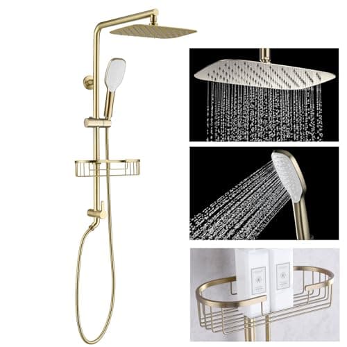 SonTiy Rain Shower Head with Handheld Spray and Shower Shelf Caddy, 12Inch High Pressure rainfall Showerheads and Hand Shower Combo with Height Adjustable Holder Shower Head System, Brushed Gold - Image 1