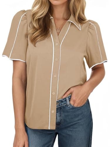 Tankaneo Womens Puff Short Sleeve Button Down Shirts Summer V Neck Color Block Tops Dressy Casual Blouse Khaki - Image 1