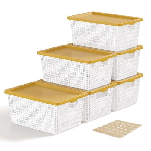 EOENVIVS Plastic Storage Baskets with Latching Lids – Stackable Storage Baskets with Lids for Pantry, Closet, Bedroom & Shelves | Durable Organization Boxes for Home,Office & Classroom, 6 Pack, White - Image 1