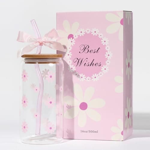 KMCCUMBER Cute Glass Cups with Lids and Straws, Teen Girl Birthday Gifts Daisy Iced Coffee Cup, Pink Aesthetic Mug Tumbler for Mothers Day Christmas Valentines Coffee Lover 16oz - Image 1
