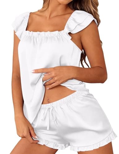 Frcdaunrs White Silk Pajamas for Women Set 2 Piece Satin Pajamas Sets With Ruffle Shorts Lounge Set Birde Loungewear S - Image 1