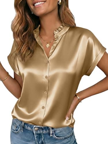 Funlingo Blouses for Women Dressy Casual Short Sleeve Button Down Shirts Summer Ruffle Collared Silk Satin Tops Business Work Clothes Khaki S - Image 1