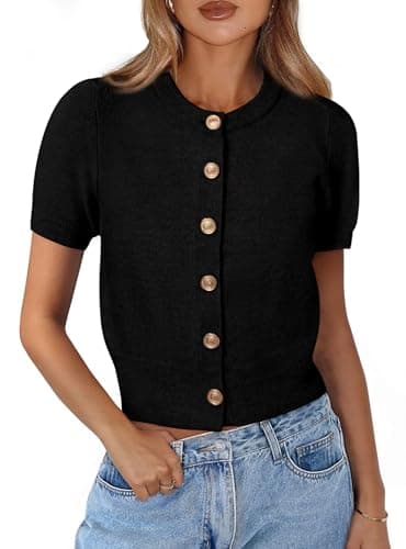 PRETTYGARDEN Womens Casual Summer Short Sleeve Cardigans 2026 Button Down Knitted Sweater Basic Crew Neck Crop Tops (Black,Small) - Image 1