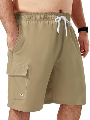 Arcweg Mens Big and Tall Swim Trunks 9" Quick Dry Swim Shorts with Compression Brief Liner Cargo Pocket Bathing Suits Borard Shorts for Men Pluse Size XL-6XL Khaki - Image 1