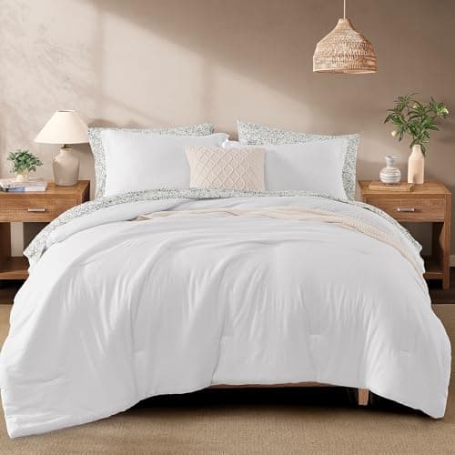 Monbix King Size Comforter Set - 7 Pieces White Prewashed Bed in a Bag King Bedding Sets with Comforters, All Seasons Ultra Soft Comforter Bed Set with Sheets, Pillowcases & Shams - Image 1