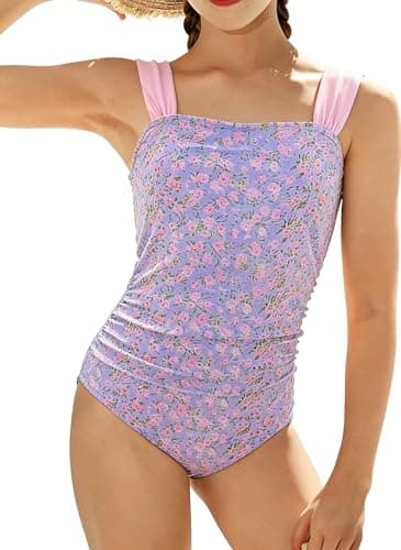 Meteorito Bathing Suit for Teens Girls One Piece Tummy Control Retro Square Neck Swimsuit for Beach Swimming Pool Summer Blue White - Image 1