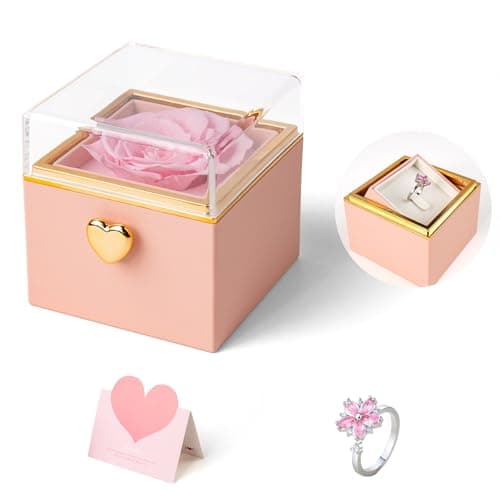 mountova Valentines Day Gifts for Her Girlfriend Wife, Flip Flower Jewelry Box With Ring Birthday Gift for Women Mom Sister, Preserved Rose Ring Box for Anniversary Wedding, Proposal, Pink - Image 1