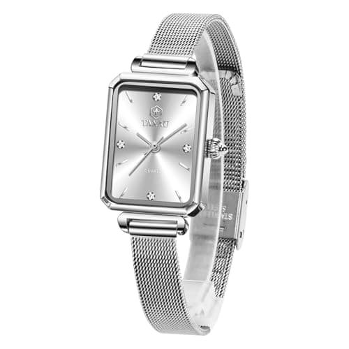 Taxau Silver Watch for Women Small Wrists Watches Luxury Silver Mesh Band Watches for Womens Waterproof Analog Quartz Casual Dress Womens Watch Square Face with Date - Image 1
