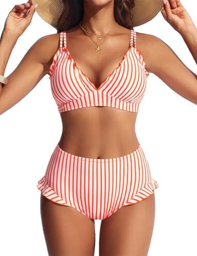 Hanna Nikole Women Bikini Sets Tummy Control Sexy V Neck Swimsuit Resort Wear Clothes Vintage Swimwear Orange White Striped XL - Image 1