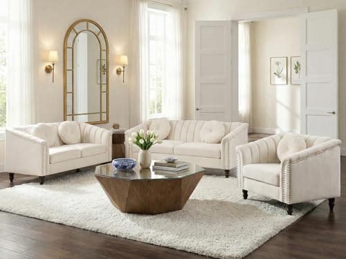 FUOROLA Living Room Set for Apartment & Home,3-Piece Chesterfield Velvet Sofa Set with 6 Accent Pillows | White Tufted Couch with Nailhead Trim | 75" Sofa + 60" Loveseat + 37" Chair - Image 1