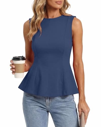 BTFBM Womens Summer Tops 2026 Business Casual Outfits Crew Neck Sleeveless Shirts Slim Fit Peplum Tank Top(Grey Blue, Small) - Image 1