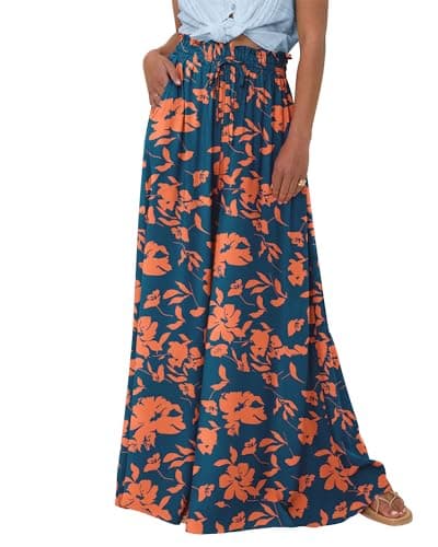 BTFBM Women Casual High Waist Wide Leg Pants 2026 Spring Summer Long Palazzo Pants Pocket Lounge Beach Vacation Clothes(Print Dark Blue Orange, Large) - Image 1