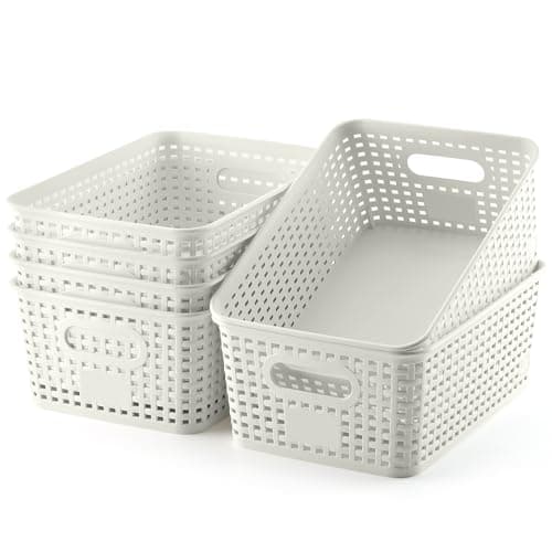 Plastic Storage Baskets 6 Pack Sturdy Storage Organizer Basket Woven Plastic Storage Bins for Shelves,Closet,Countertops, Desktops, Cabinets and Badrooms,Saving Storage, Stylish Design,White - Image 1