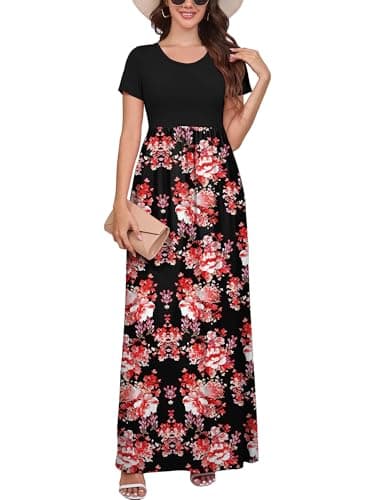 DEARCASE Women Long Dress Flower Red Black Medium Crewneck Boho Short Sleeve Maxi A-line Loose Casual Hawaiian Flowy Party Vintage Spring Summer Beach Dresses with Pockets - Image 1