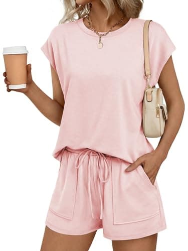 Lallabai 2 Piece Sets for Women Summer Outfits Lounge Sets Crew Neck Short Sets Cap Sleeve Drawstring Sweatsuit with Pocket - Image 1